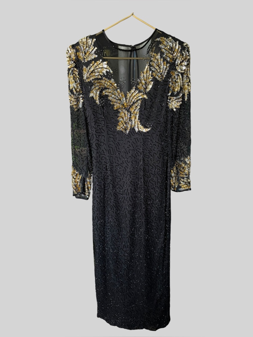 Vintage Scala Black Silk Beaded Evening Gown Sequin Long Sleeve Dress Size M